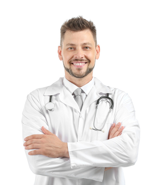 Мужчина врач со стетоскопом на белом фоне
 - Фото, изображение