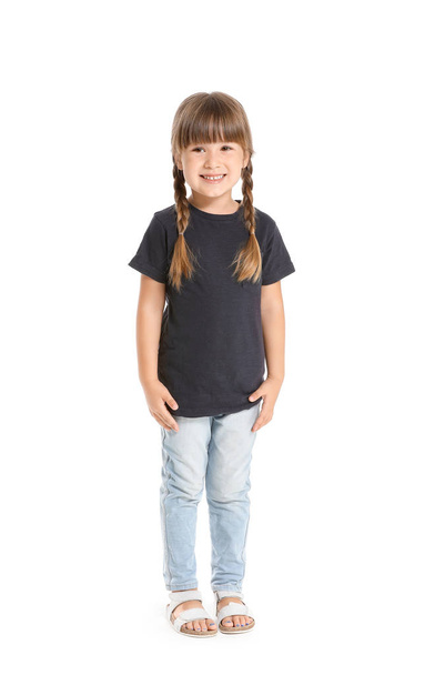 Little girl in stylish t-shirt on white background - Foto, Imagen