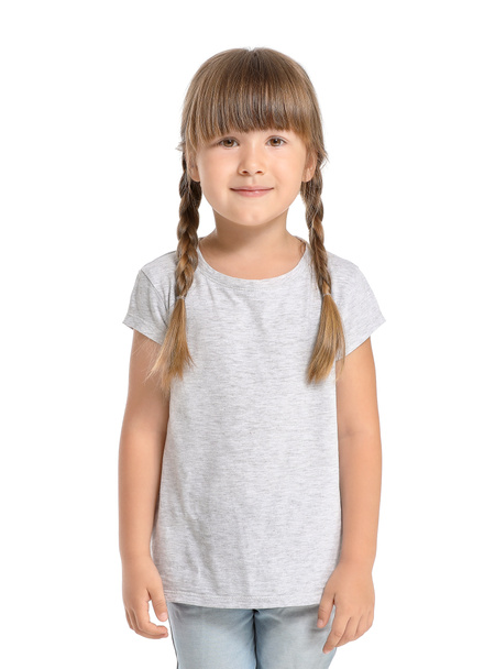 Little girl in stylish t-shirt on white background - Фото, изображение
