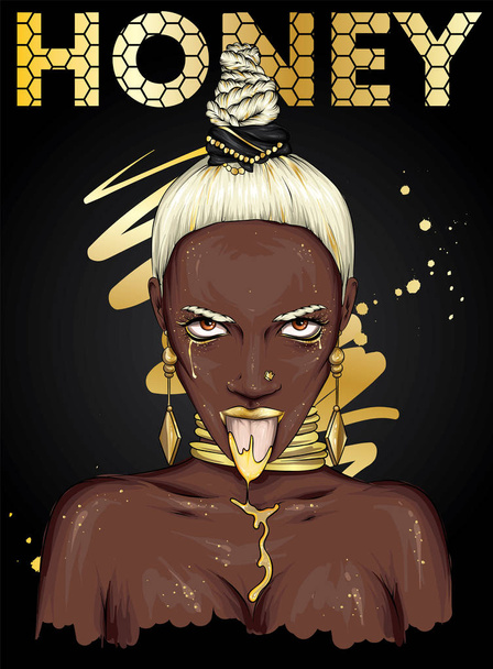 Mooie zwarte vrouw met stijlvolle kapsel, sieraden. Modieuze meisje toont tong. Honing. Vector illustratie voor een kaart of poster, afdrukken op kleding. Mode en stijl, accessoires - Vector, afbeelding