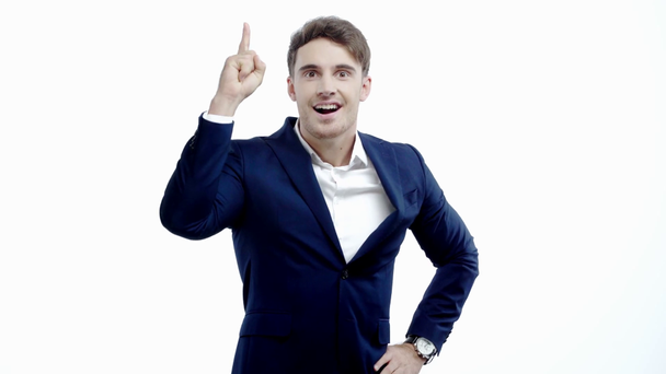 thoughtful businessman showing idea gesture isolated on white - Felvétel, videó