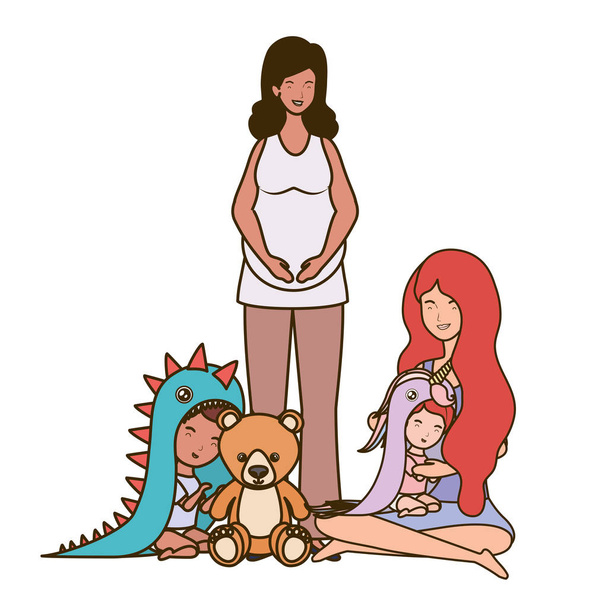 interrazziale gravidanza madri seduto sollevamento piccoli neonati personaggi
 - Vettoriali, immagini