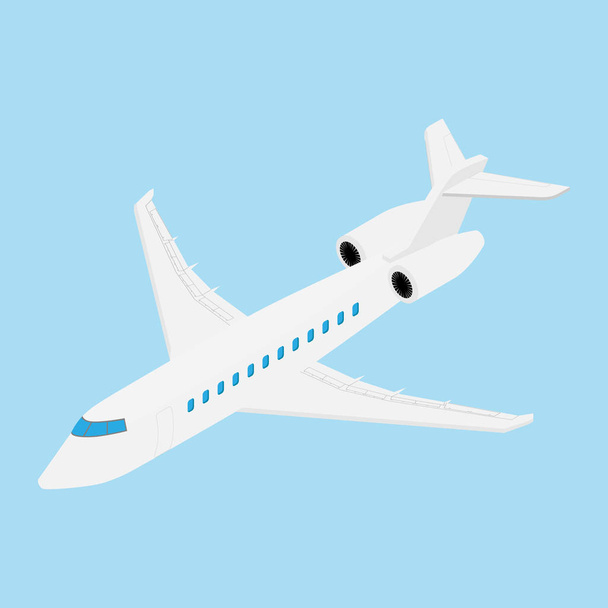 Flying Business jet airplane isolated on blue background isometric view. - Vector, Image