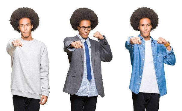 Collage de jeune homme aux cheveux afro sur fond blanc isolé Poing de poing pour se battre, agression agressive et en colère, menace et violence
 - Photo, image