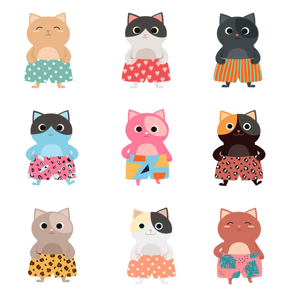 Set van verschillende cartoon, schattige kittens in stijlvolle shorts. Vector illustratie voor kalender, kaart, banner, briefkaart en afdrukbare. - Vector, afbeelding