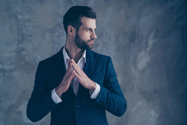 Profile side photo of pensive boss holding hands staring wearing modern blazer jacket isolated over gray background - Zdjęcie, obraz