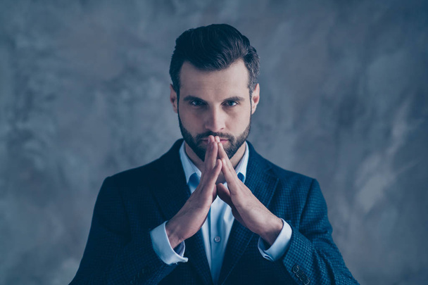Close up photo of pensive man touching fingers having thoughts wearing blazer jacket isolated over grey background - Foto, afbeelding