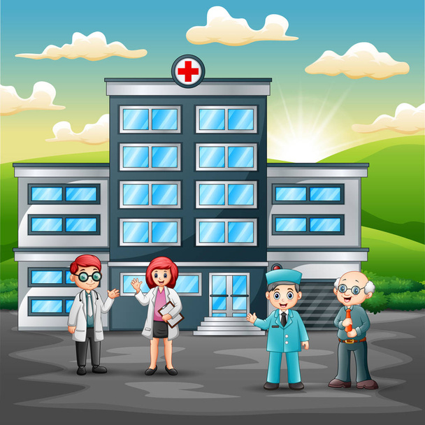 Ιδέα της ομάδας ιατρικού προσωπικού μπροστά από το νοσοκομείο - Διάνυσμα, εικόνα