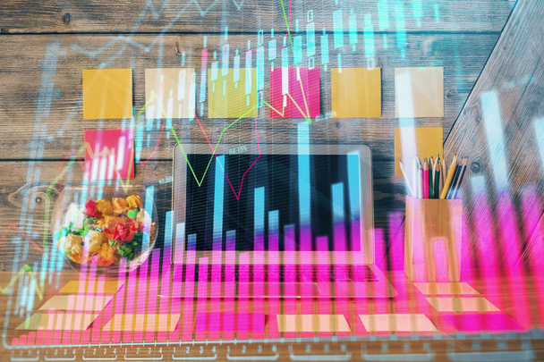 Double exposure of forex graph and work space with computer. Concept of international online trading. - Foto, Bild