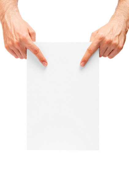 mains de mans montrant un panneau d'affichage blanc
 - Photo, image