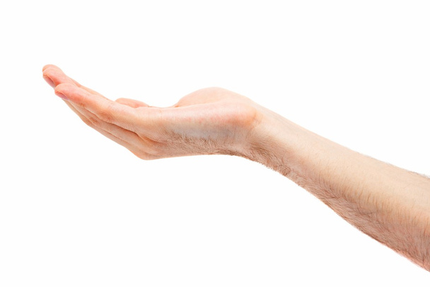 handen van een blanke man houden object, geïsoleerd op wit - Foto, afbeelding