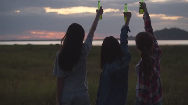 Skupina mladé dospívající asijské žena slaví s přáteli kempování v přírodě baví společně pít pivo a cinkající sklenice. Pití piva a pohled při západu slunce s přáteli. - Záběry, video