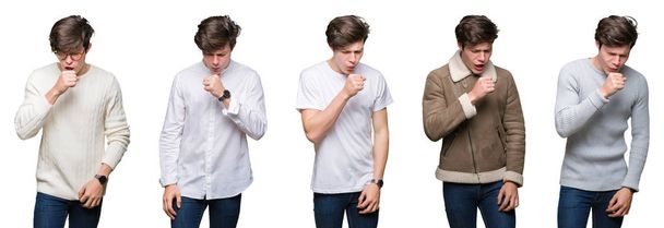 Collage de hombre joven sobre fondo blanco aislado sintiéndose mal y tosiendo como síntoma de resfriado o bronquitis. Concepto sanitario
. - Foto, imagen