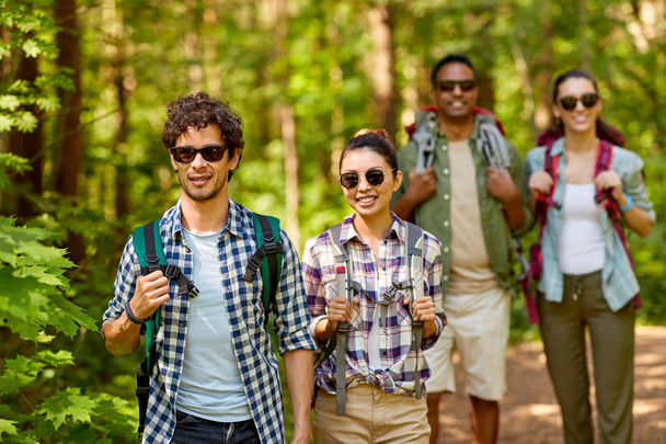 group of friends with backpacks hiking in forest - Foto, imagen