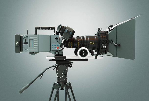 Yüksek çözünürlüklü sinema kamerası. Gri arka plan. 3d render - Fotoğraf, Görsel
