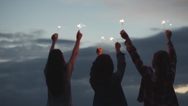 Group of a young teen Asian woman holding sparklers celebrating new years with friends camping in nature having fun together drinking beer. - Footage, Video