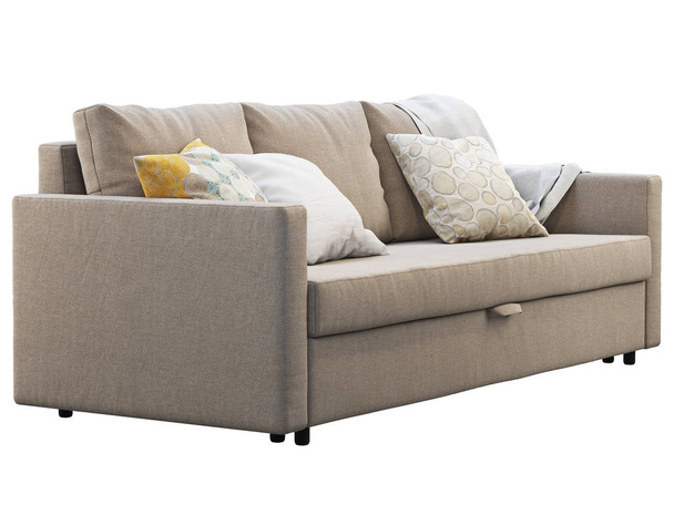 Μοντέρνος καναπές από μπεζ ύφασμα με μαξιλάρια και ρίξτε. απόδοση 3D - Φωτογραφία, εικόνα