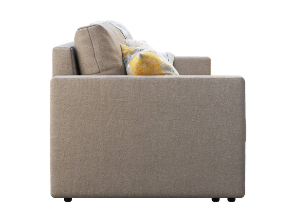 Современный бежевый тканевый диван с подушками и броском. 3D рендеринг
 - Фото, изображение