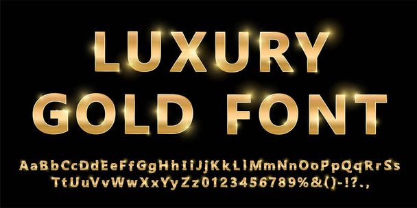 Λαμπερή μοντέρνα χρυσή γραμματοσειρά απομονωμένη σε μαύρο φόντο. Vintage χρυσά νούμερα και γράμματα με σκιές. Λεπτομερές 3D αλφάβητο. Τυπογραφία κίτρινου χρυσού. Επετειακό γράμμα - Φωτογραφία, εικόνα