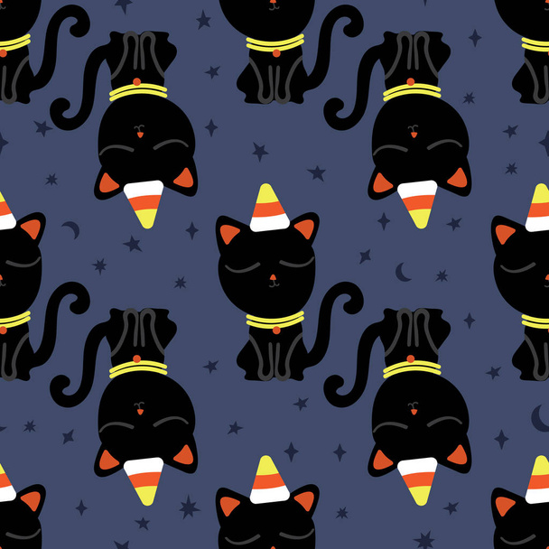 Patrón sin costuras de Halloween con lindos gráficos de gato negro y dulces de maíz en la noche estrellada. Diseño para envoltura de regalo, textil, tela, decoración, papel pintado, álbum de recortes y embalaje
. - Vector, Imagen