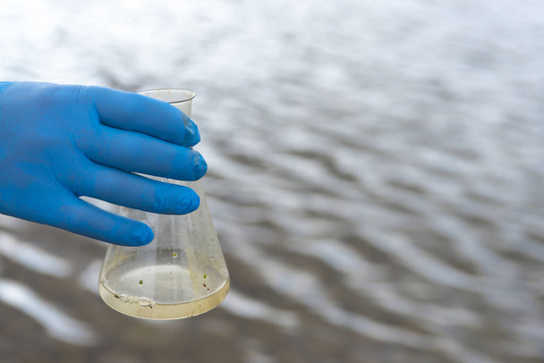 Sample water from the river for analysis. Hand in glove holding a test tube.ecology concept - Photo, Image
