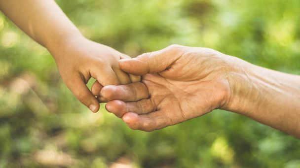 Childs hand en oude hand grootmoeder. Concept idee van liefde familie te beschermen kinderen en ouderen grootmoeder  - Foto, afbeelding