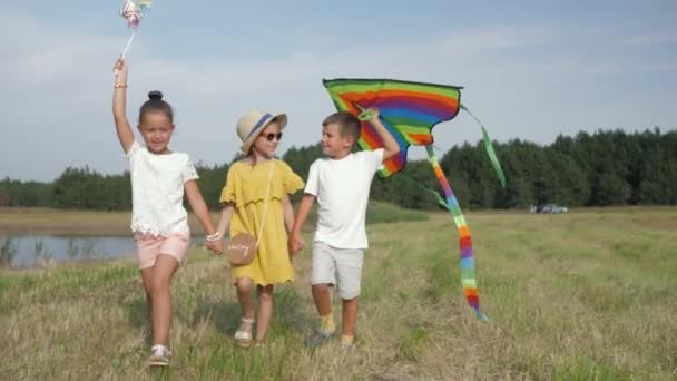 związek dzieci, cute dziewcząt i charyzmatycznego chłopca trzymać ręce bawić się na łące i idą uruchomić latawiec w weekend przez wieś na wakacjach - Materiał filmowy, wideo