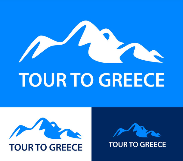 Набор шаблонов логотипов для экскурсий в Грецию. Цветные векторные иллюстрации голубого цвета с горами
 - Вектор,изображение