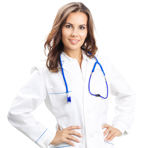 Happy smiling female doctor, over white - Foto, afbeelding