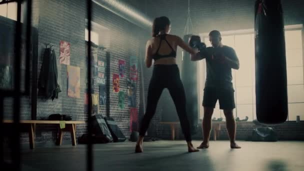 Fit Athletic Woman Kickboxer Punches and Hits the Punching Pads During a Workout in a Loft Gym. She's Beautiful and Energetic. Strong Coach is Holding the Boxing Pads. Intense Self-Defence Training. - Πλάνα, βίντεο