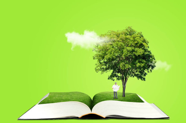 Ecologia ed educazione Concetto: Personaggio figura in miniatura come persone in piedi sotto l'albero verde sul libro aperto e la lettura di un libro
. - Foto, immagini