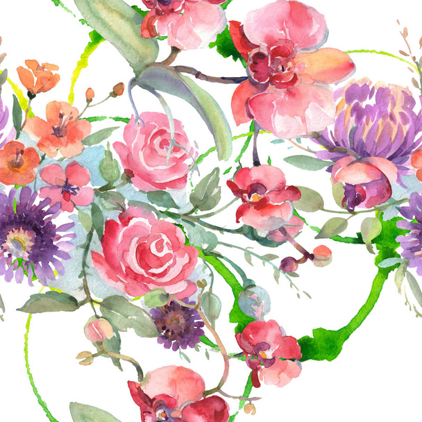 Букет квіткових ботанічних квітів. Набір ілюстрацій для акварельного фону. Безшовний візерунок тла
. - Фото, зображення