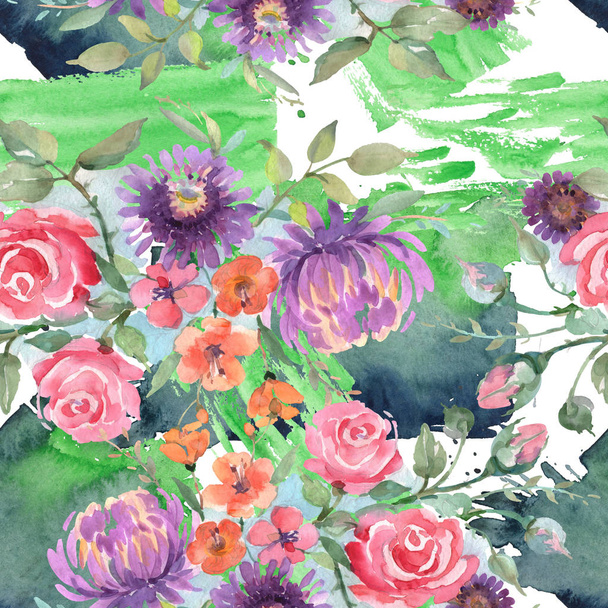 Bouquet floral botanical flowers. Watercolor background illustration set. Seamless background pattern. - Fotografie, Obrázek