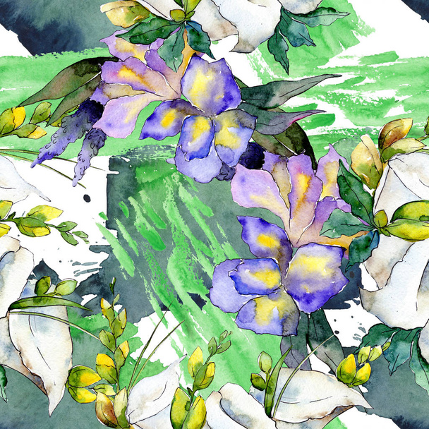 Μπουκέτο λουλουδιών βοτανικό λουλούδια. Ακουαρέλα φόντο εικόνα σύνολο. Απρόσκοπτη υπόβαθρο μοτίβο. - Φωτογραφία, εικόνα