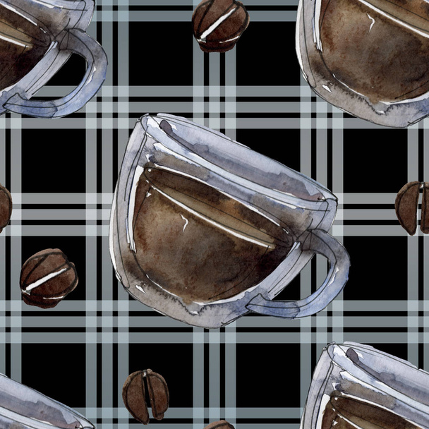 Warme en koude koffie dranken. Aquarel achtergrond illustratie instellen. Naadloos achtergrond patroon. - Foto, afbeelding