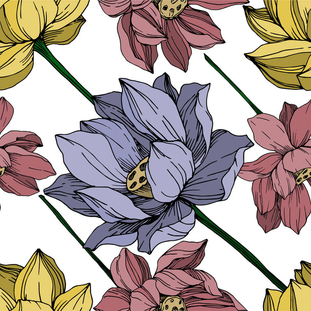 Vector Lotus kwiatowy kwiatów botanicznych. Czarno-biała grawerowana sztuka atramentu. Płynny wzór tła. - Wektor, obraz