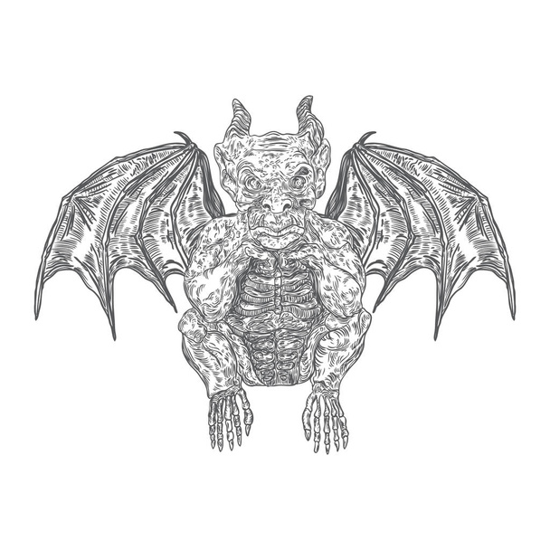 Gargoyle in sitting aggressive position to attack  Human and dragon bat like demon Chimera fantastic beast creature with horns fangs and claws. Hand drawn gothic guardians at medieval. Vector  - ベクター画像