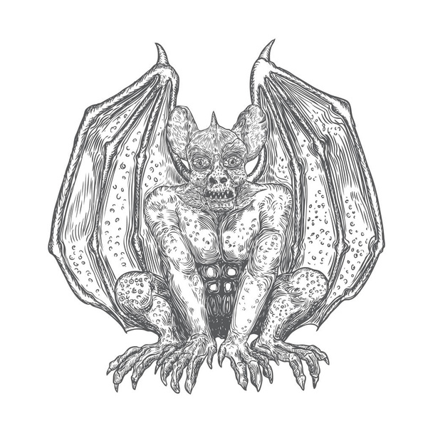 Gargoyle in sitting aggressive position to attack  Human and dragon bat like demon Chimera fantastic beast creature with horns fangs and claws. Hand drawn gothic guardians at medieval. Vector  - Вектор, зображення