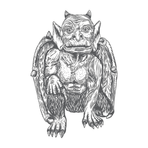 Gargoyle in sitting aggressive position to attack  Human and dragon bat like demon Chimera fantastic beast creature with horns fangs and claws. Hand drawn gothic guardians at medieval. Vector  - Vektör, Görsel