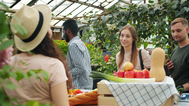 Gelukkige jonge mensen die biologisch voedsel kopen in de markt praten met vrouwelijke boer - Video