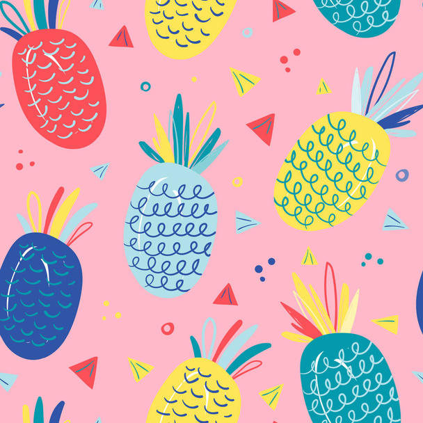 vector seamless pattern with sketch modern handdrawn style pineapple in bright neon colors - Vektor, kép
