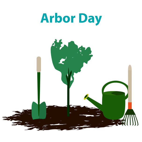 Ημέρα Arbor. 29 Απριλίου. Δέντρο. Εργαλεία κήπου. Φτυάρι, τσουγκράνα, ποτιστήρι. Εικονογράφηση διάνυσμα - Διάνυσμα, εικόνα