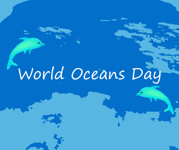 Światowy Dzień Oceanów. 8 czerwca. Delfiny na tle oceanu. Ilustracja wektora - Wektor, obraz