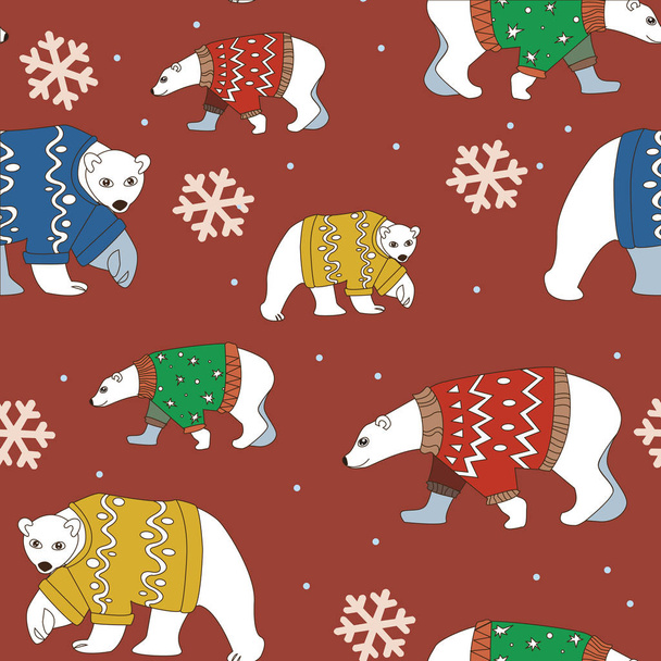 Niedźwiedzie w swetry i śniegu w czerwonym tle - Wektor, obraz