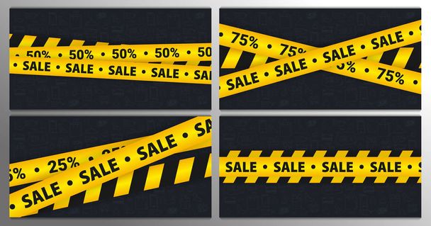 Set of Sale banners with yellow Caution lines. Hand draw doodle icons on the background. - Vector, imagen