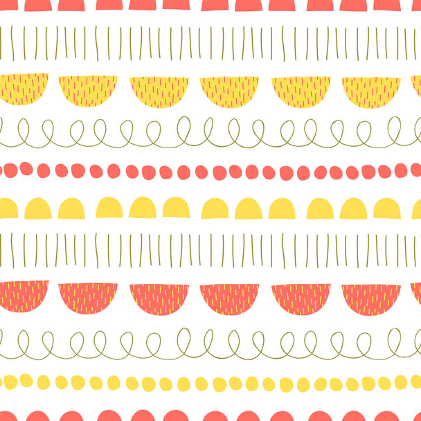 Patrón vectorial abstracto para niños. Doodle fondo sin costuras. Estilo escandinavo simple piso repetir azulejo coral rosa, verde, amarillo. Giros dibujados a mano, líneas, semicírculos que repiten para la tela, decoración casera
 - Vector, imagen