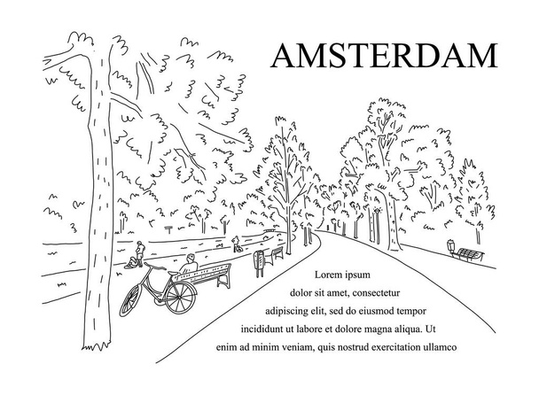 Werbeplakat skizziert park in stadt amsterdam. - Vektor, Bild