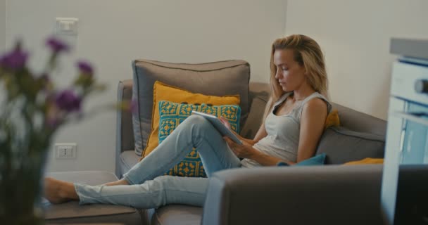自宅のソファに座ってタブレットPCを使用して美しい女の子の高品質4k 12ビット映像。女性サーフィンウェブ、ソーシャルネットワーク、オンラインショップで何かを探しています。シネマティックな外観 - 映像、動画