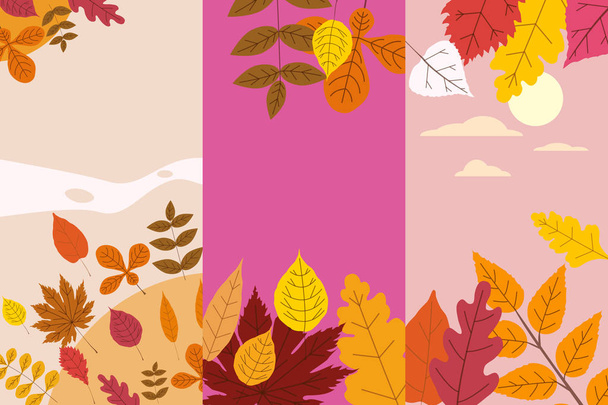 秋の落ち葉オレンジ黄色の葉のカラフルな秋のテンプレートを設定します。背景ソーシャルメディアの物語のバナー。イベント招待、製品カタログ、広告用のテンプレート。ベクトルアイソアルト化 - ベクター画像
