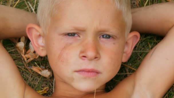 泣いている邪悪な5歳の子供のブロンドの男の子の肖像画は、彼の頭の後ろに手を置いて草の上に横たわって、夏の日に村でわらを噛んで汚い顔をしています - 映像、動画